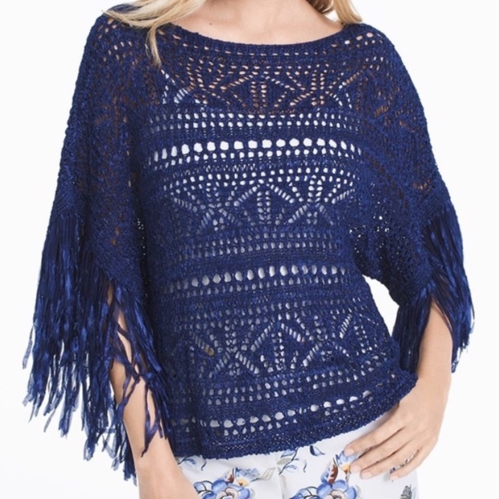 White House Black Market Blue Open Knit Poncho Sweater